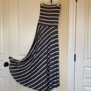 Dark grey strapless knit dress.